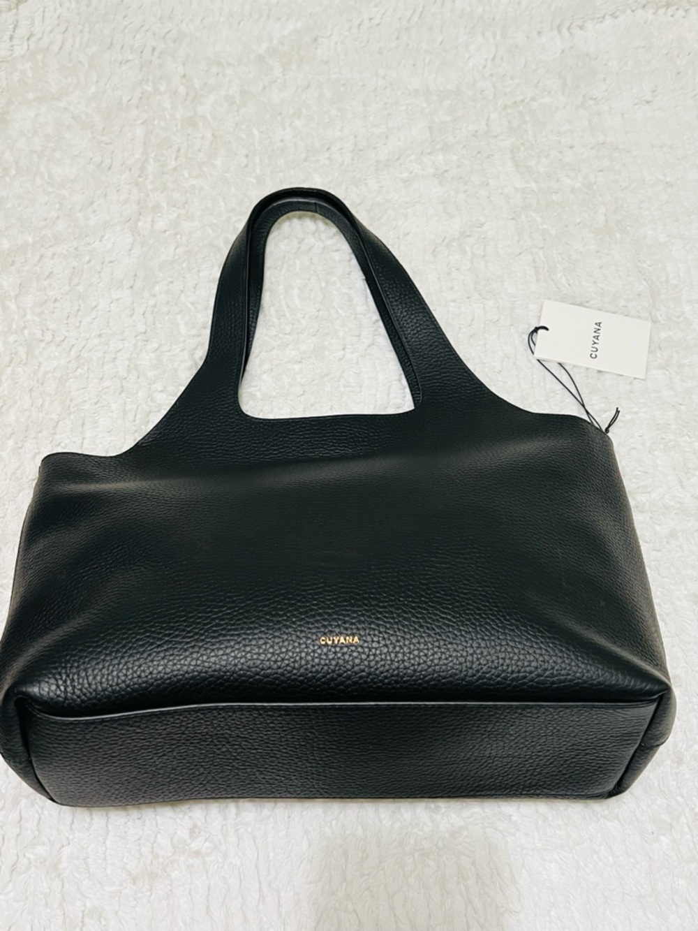 Cuyana Black Pebbled Leather Tote with Gold Logo